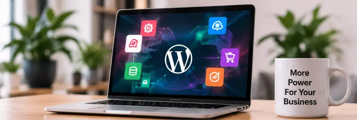 Laptop showing the WordPress logo with premium plugin, theme and add-on icons around it