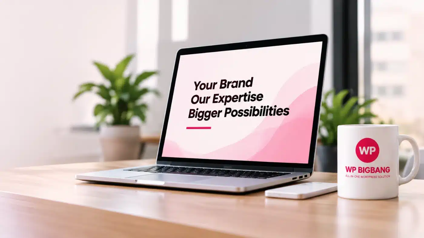 A laptop on a desk showing the words Your Brand, Our Expertise, Bigger Possibilities, beside a WP BigBang mug
