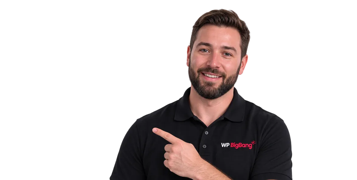 WP BigBang team member in a black branded polo shirt, pointing to the left