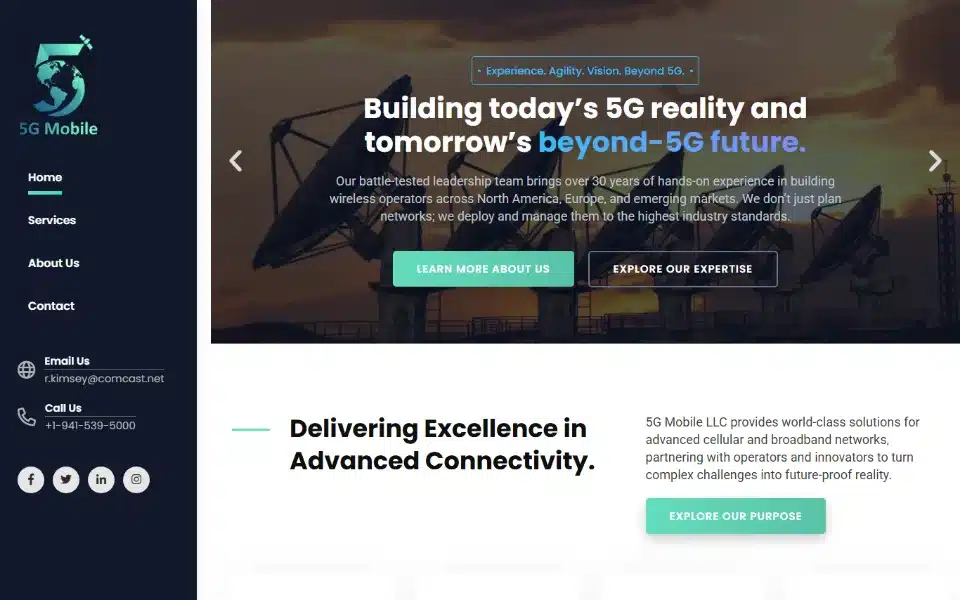 5G Mobile home page — telecommunications holding company working in 5G and beyond-5G networks