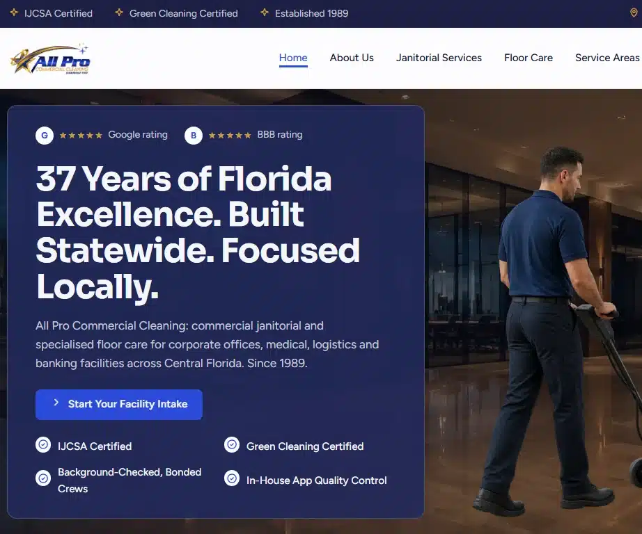 All Pro Commercial Cleaning WordPress website after the WP BigBang redesign