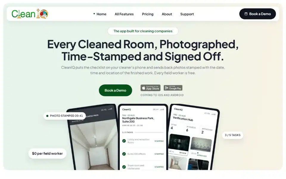 CleanIQ home page — cleaning proof app with photographed, time-stamped room sign-off