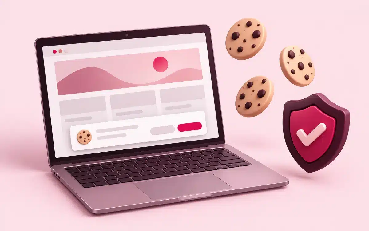 Laptop showing a website cookie consent banner, with cookies and a security shield