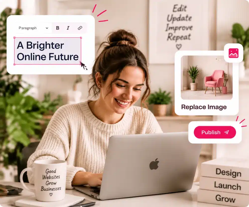 Website owner editing text and replacing an image on her WordPress site