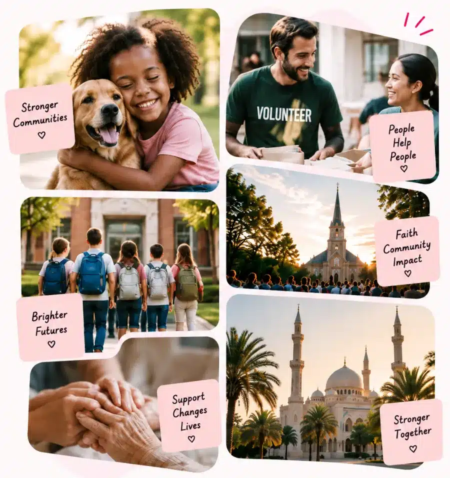 Collage of causes: animal rescue, volunteers, schools, a church, a mosque and care support