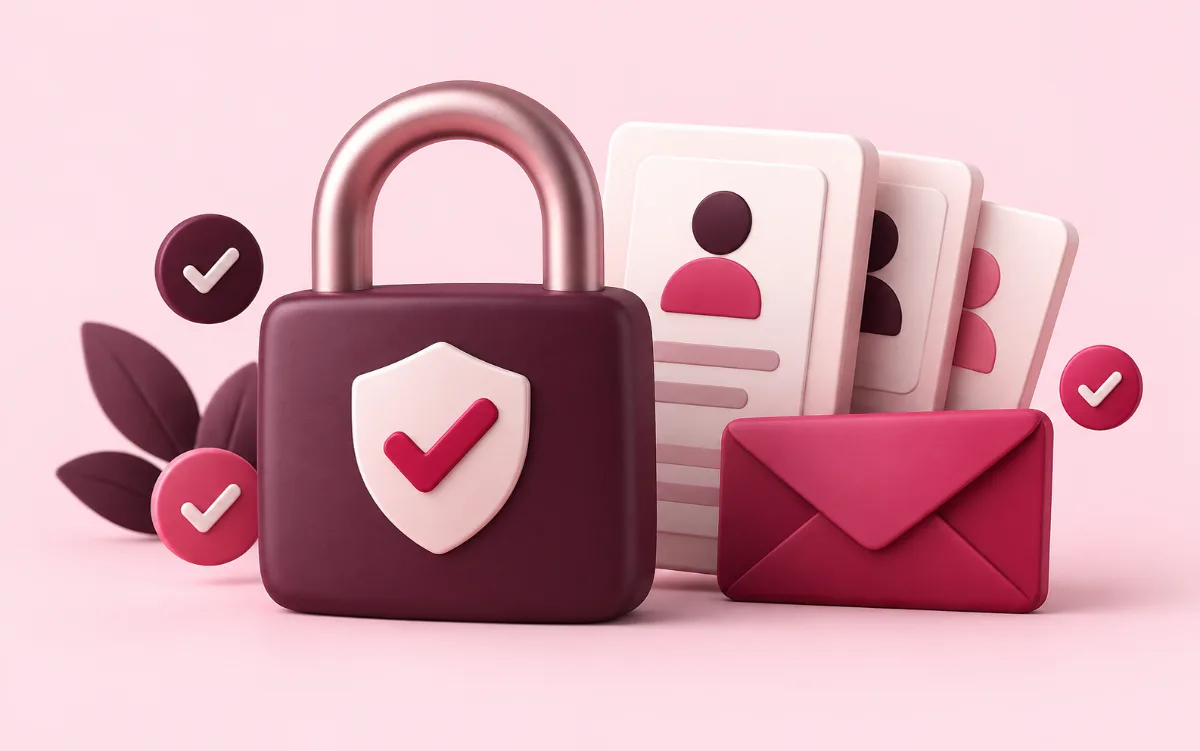 Padlock with a shield protecting profile cards and an envelope