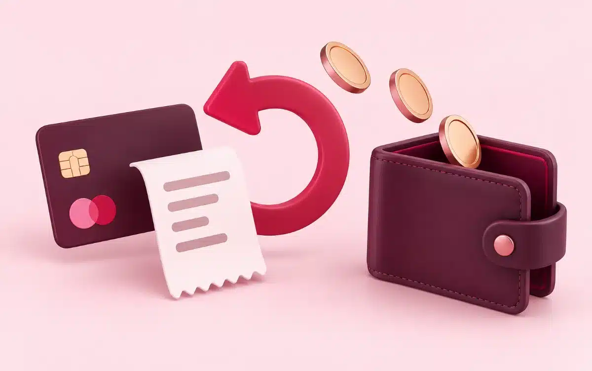 Payment card and receipt with a return arrow, coins going back into a wallet