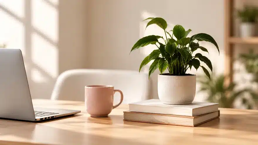 Desk with laptop and plant for a service business WordPress website