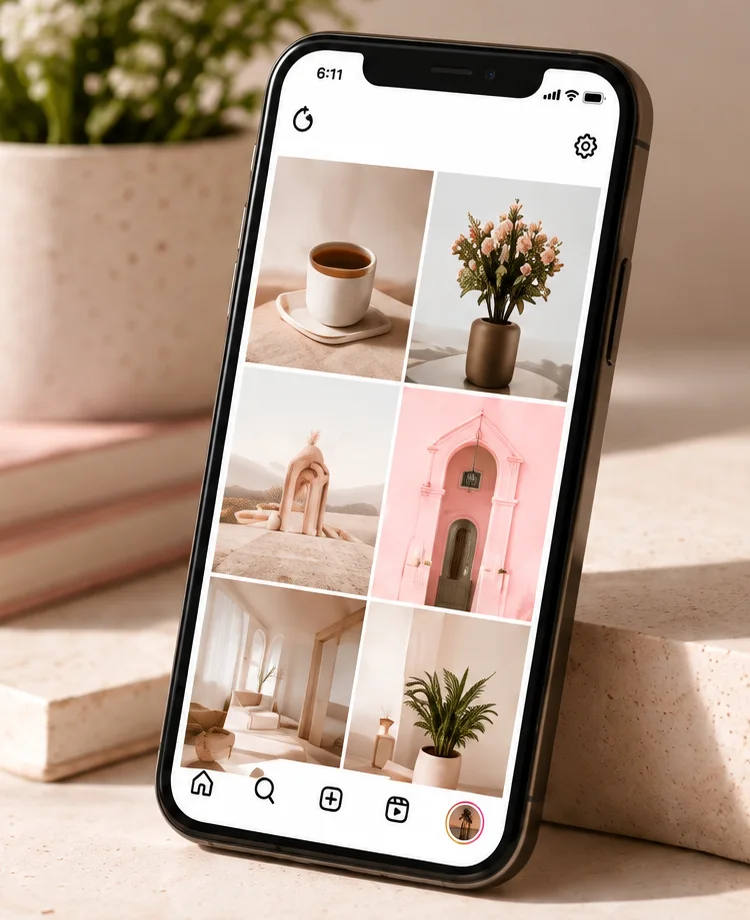 Phone showing a grid of designed social media posts, live on a page - WP BigBang
