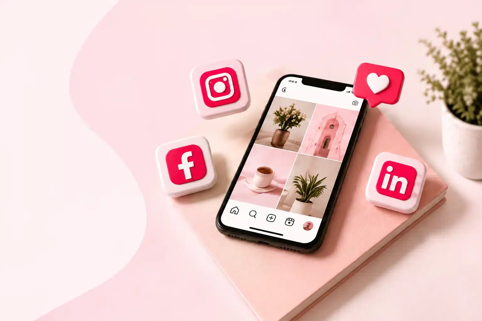 Phone with Facebook, Instagram and LinkedIn icons around it - WP BigBang