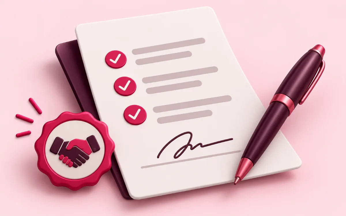 Signed agreement with checkmarks, a pen and a handshake seal