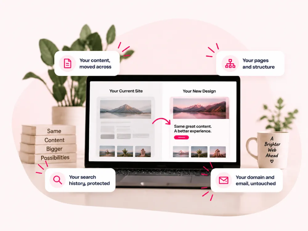 Laptop showing a current website and its redesign with the same content kept