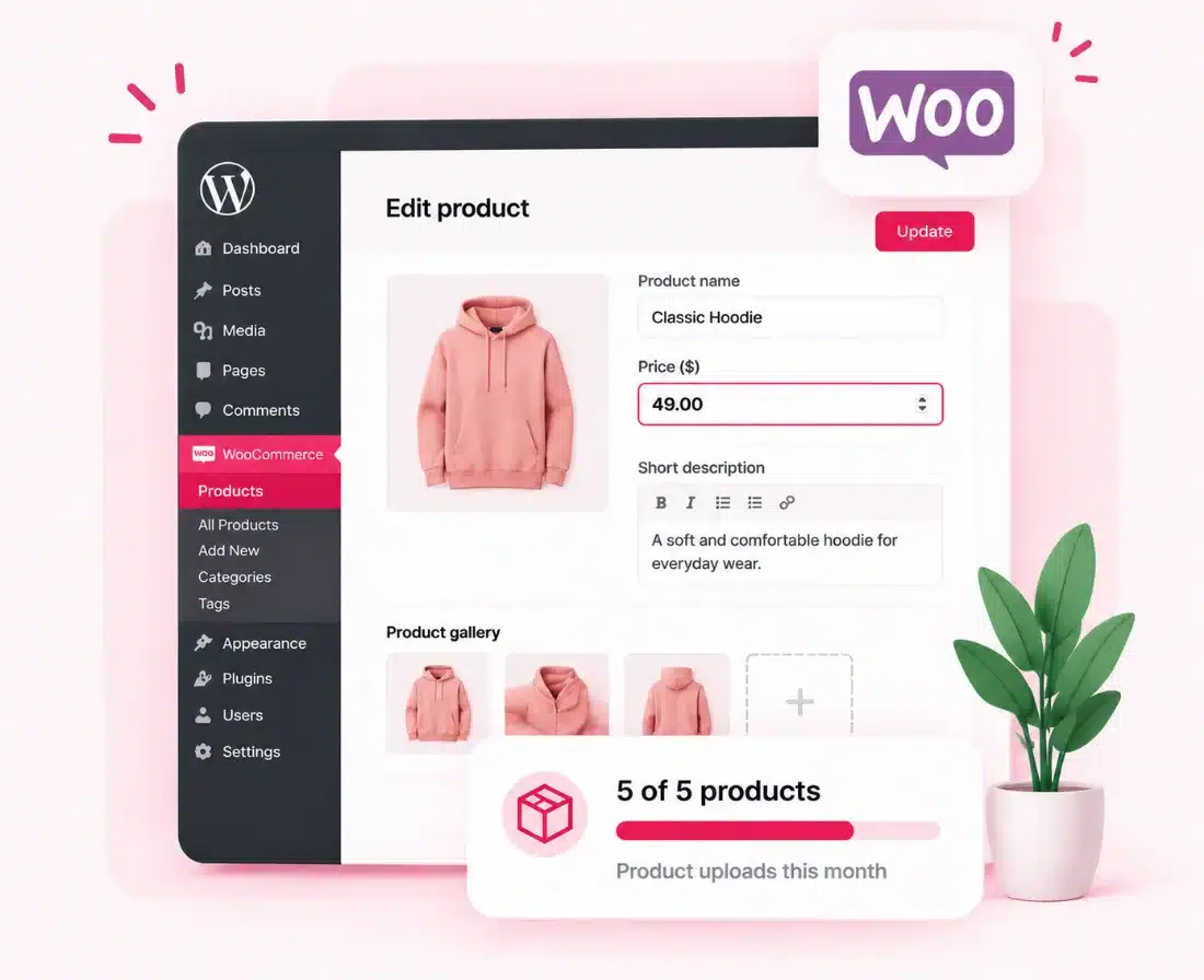 WooCommerce edit hours and product uploads: a product being edited in WordPress with 5 of 5 products used this month