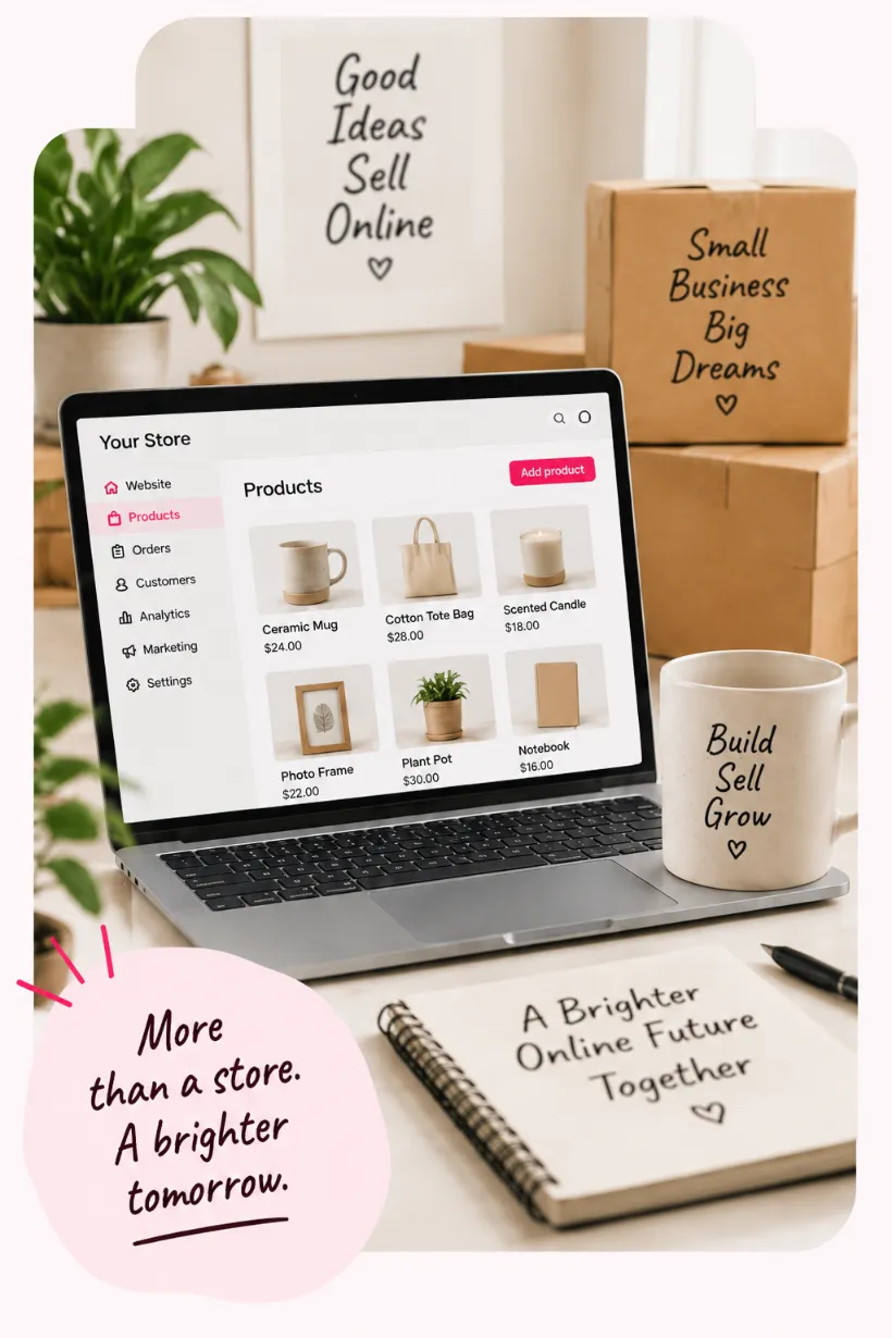 WooCommerce store dashboard with products on a laptop beside shipping boxes