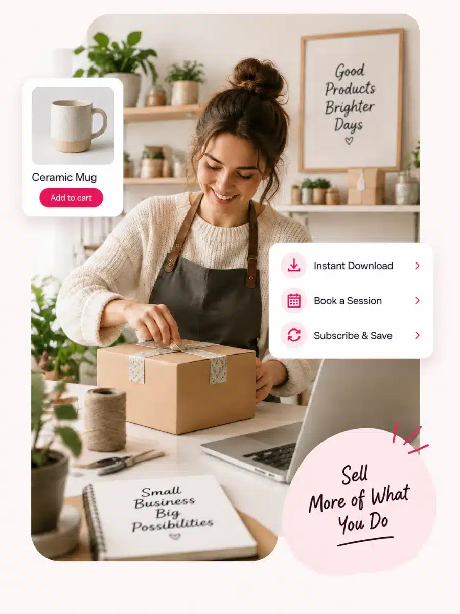 Small shop owner packing a WooCommerce order, with a product card and download, booking and subscription options