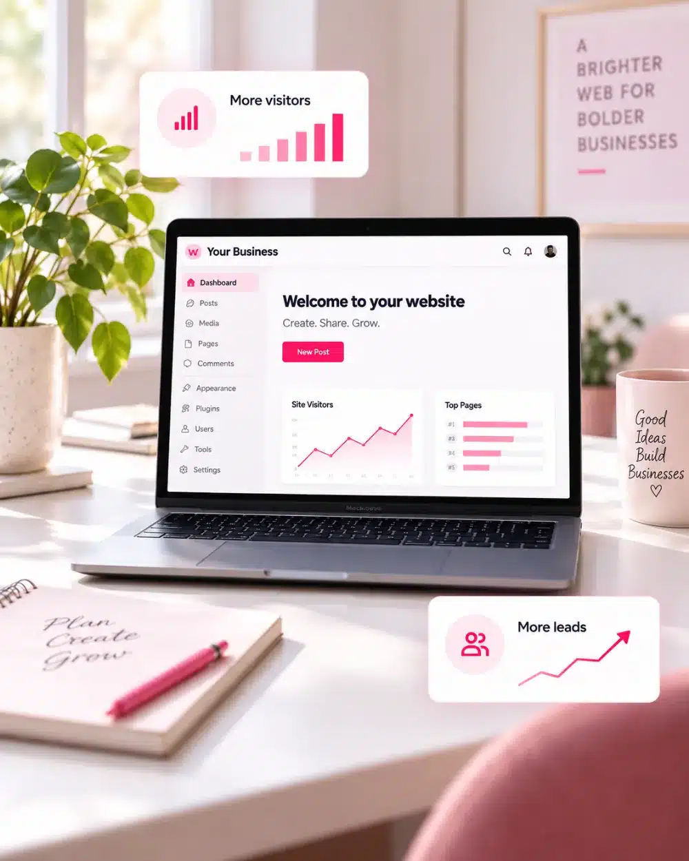 WordPress business website dashboard showing more visitors and more leads