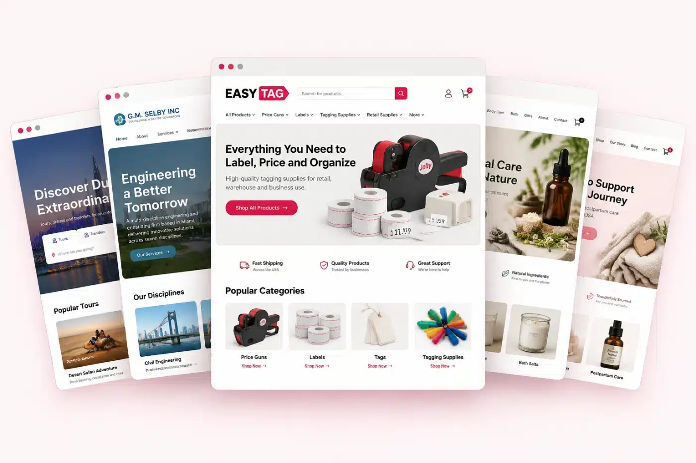 Five WordPress sites we built shown in browser windows: Easy Tag, G.M. Selby Inc, Excursions Dubai, Mangata Apothecary and Healing Mama