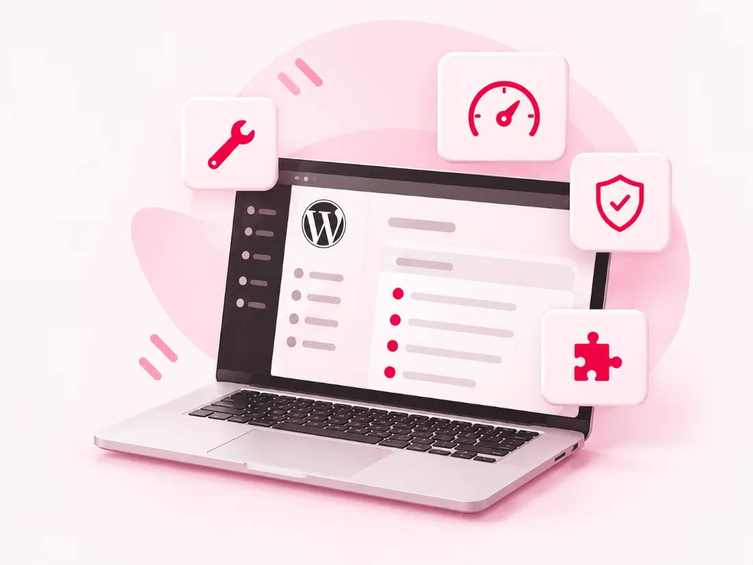 Laptop with a WordPress dashboard and icons for speed, security, fixes and plugins