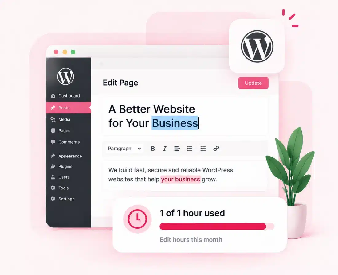 WordPress editing screen with an edit-hours tracker showing one of one hour used for the month on a WordPress care plan