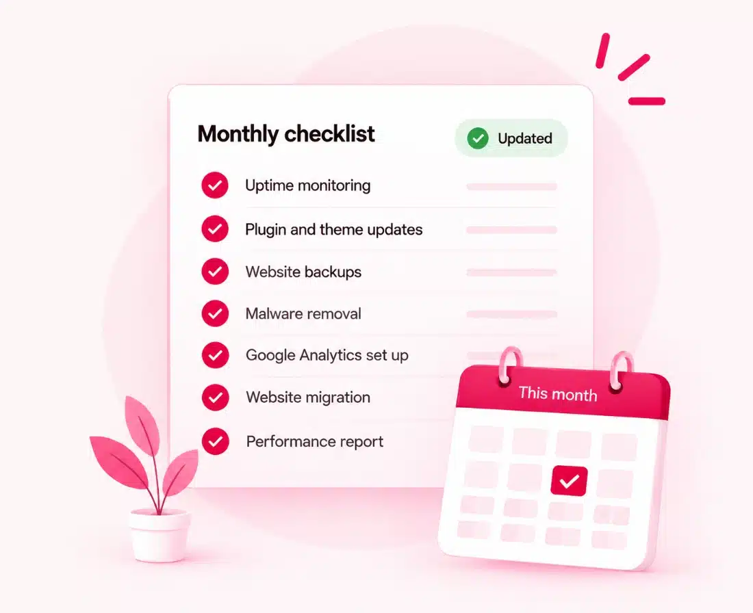 Monthly WordPress maintenance checklist showing uptime monitoring, plugin and theme updates, website backups, malware removal, Google Analytics set up, website migration and performance report all ticked off