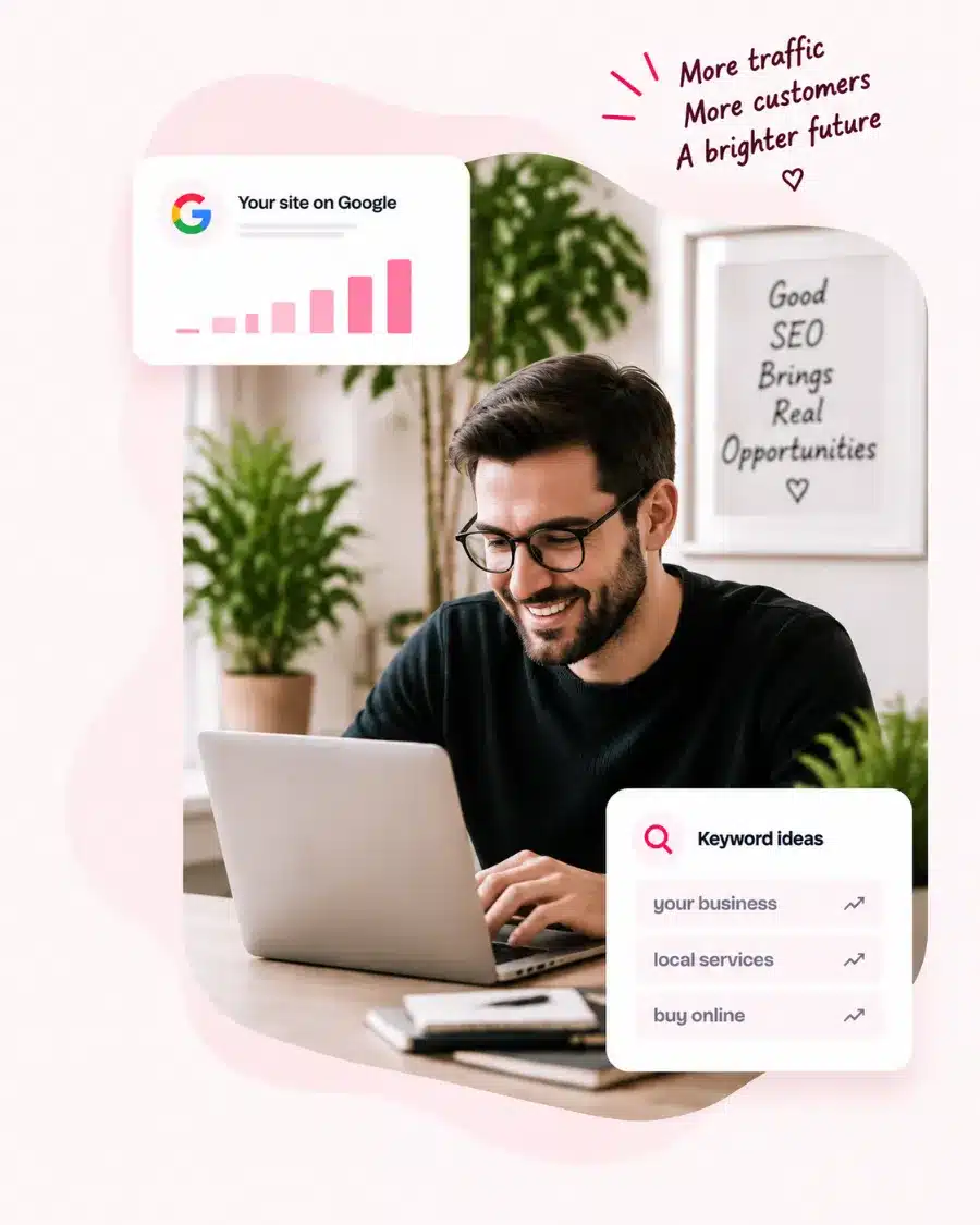 SEO specialist at a laptop with Google ranking growth and keyword ideas for WordPress SEO services
