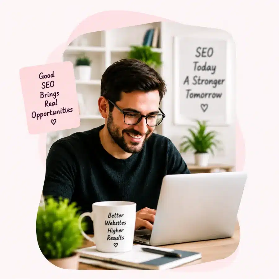 Smiling SEO specialist working on a laptop for WordPress SEO services