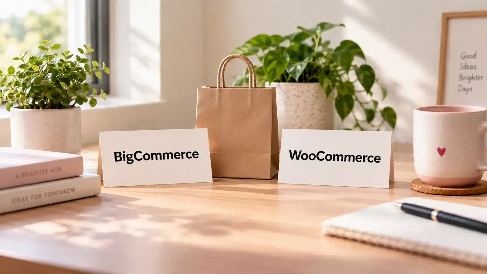 Desk cards reading BigCommerce and WooCommerce with a kraft shopping bag between them
