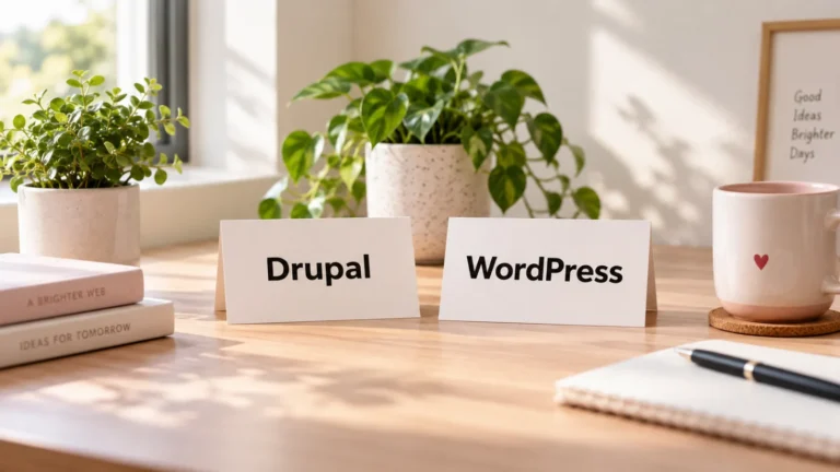 Desk cards reading Drupal and WordPress in front of a potted plant