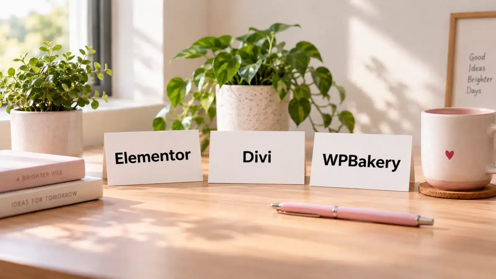 Three desk cards reading Elementor, Divi and WPBakery beside a pink pen
