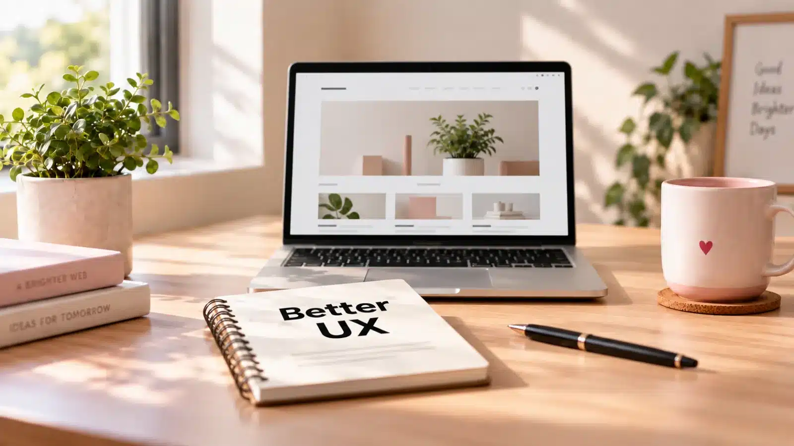 Laptop showing a clean website layout with a notebook reading Better UX