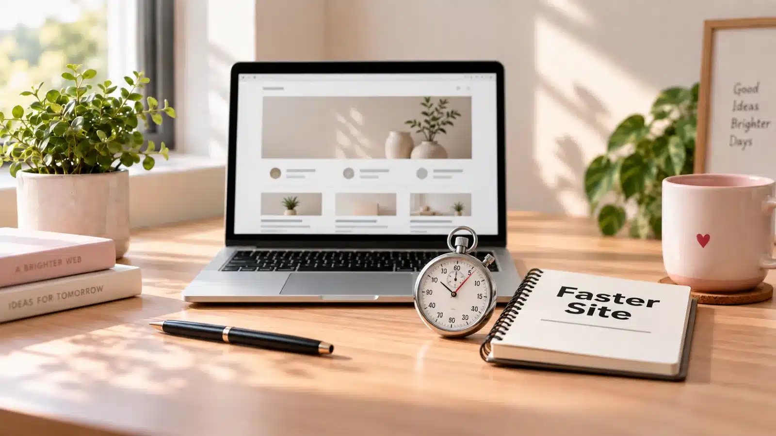 Laptop with a silver stopwatch and a notebook reading Faster Site