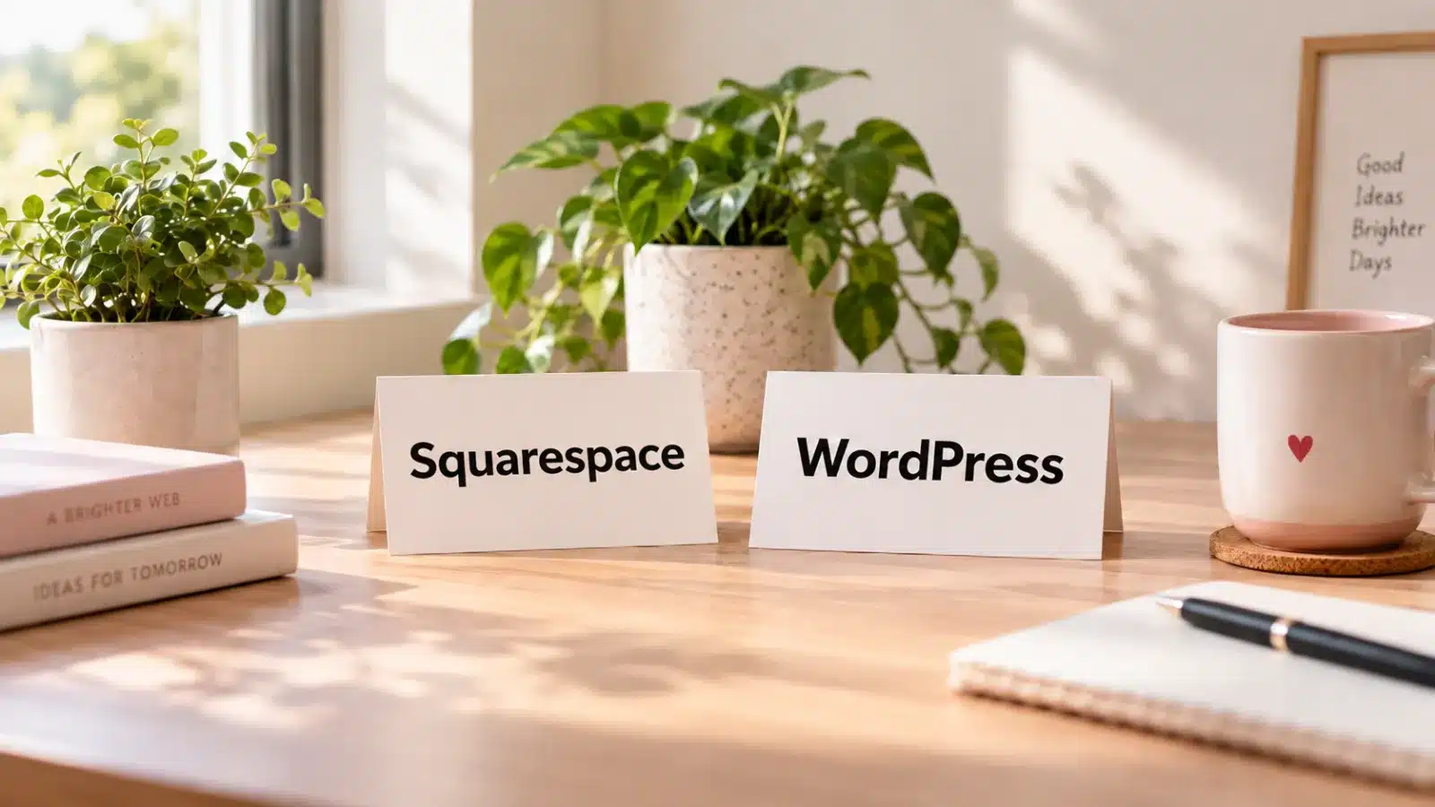 Desk cards reading Squarespace and WordPress beside a notebook and mug