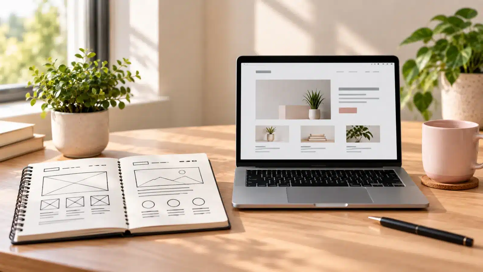 Sketchbook with a website wireframe next to a laptop showing the finished layout