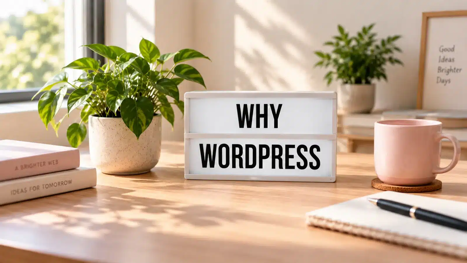 Letter lightbox spelling Why WordPress on a desk beside a plant