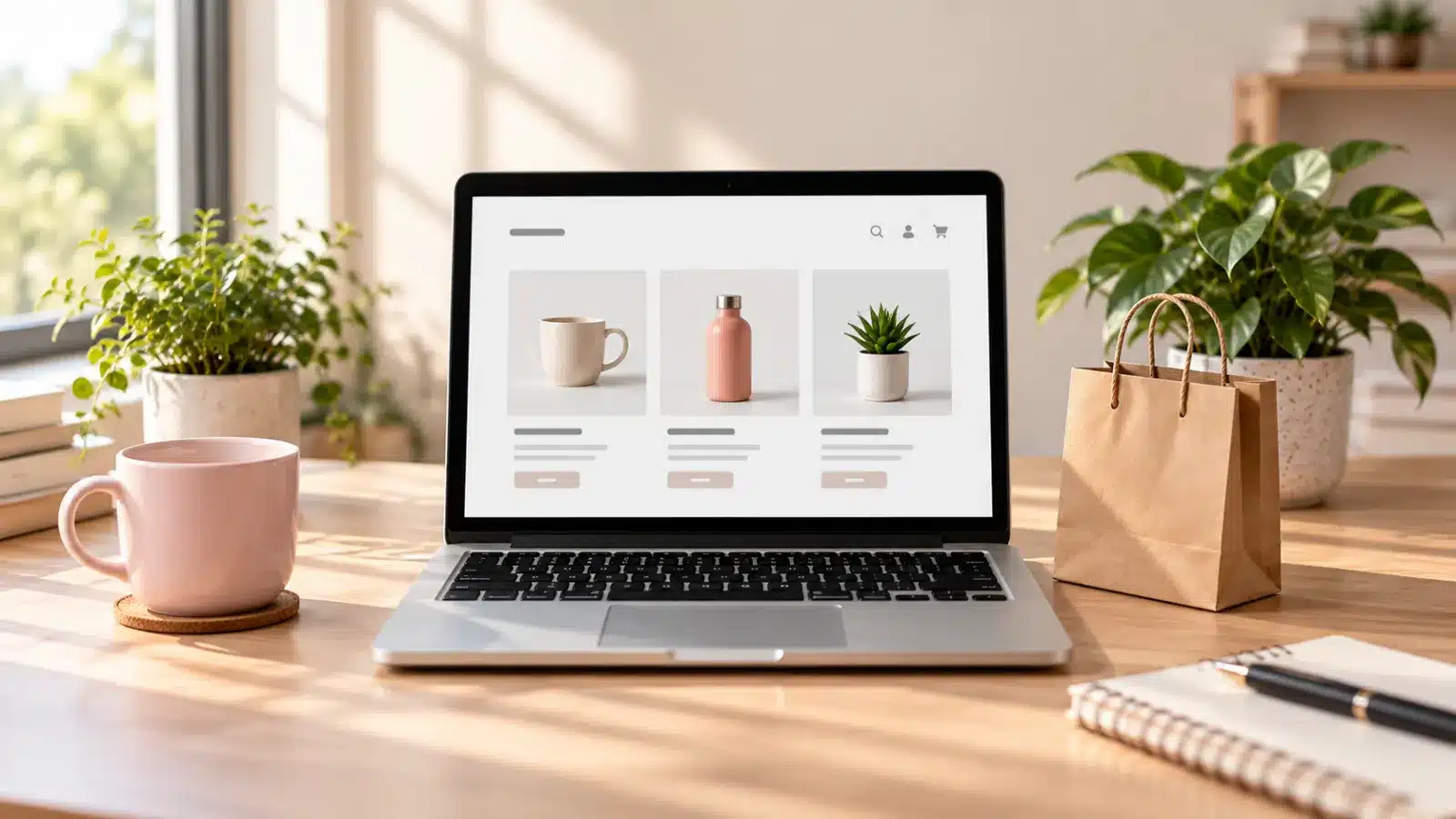 Laptop showing an online shop with three product cards beside a shopping bag