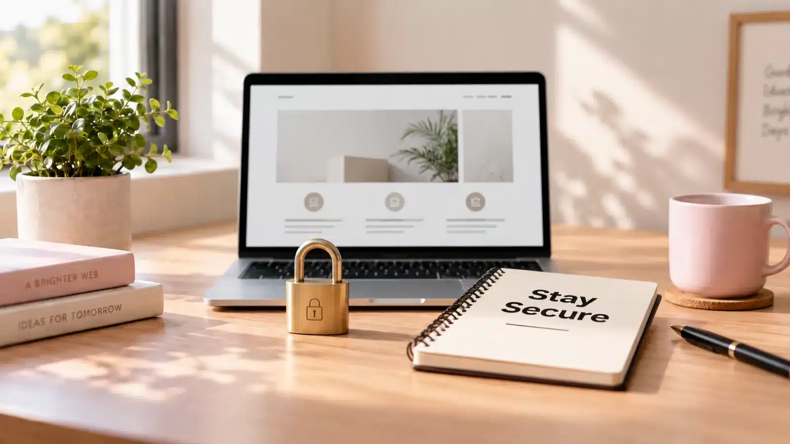 Laptop with a brass padlock and a notebook reading Stay Secure