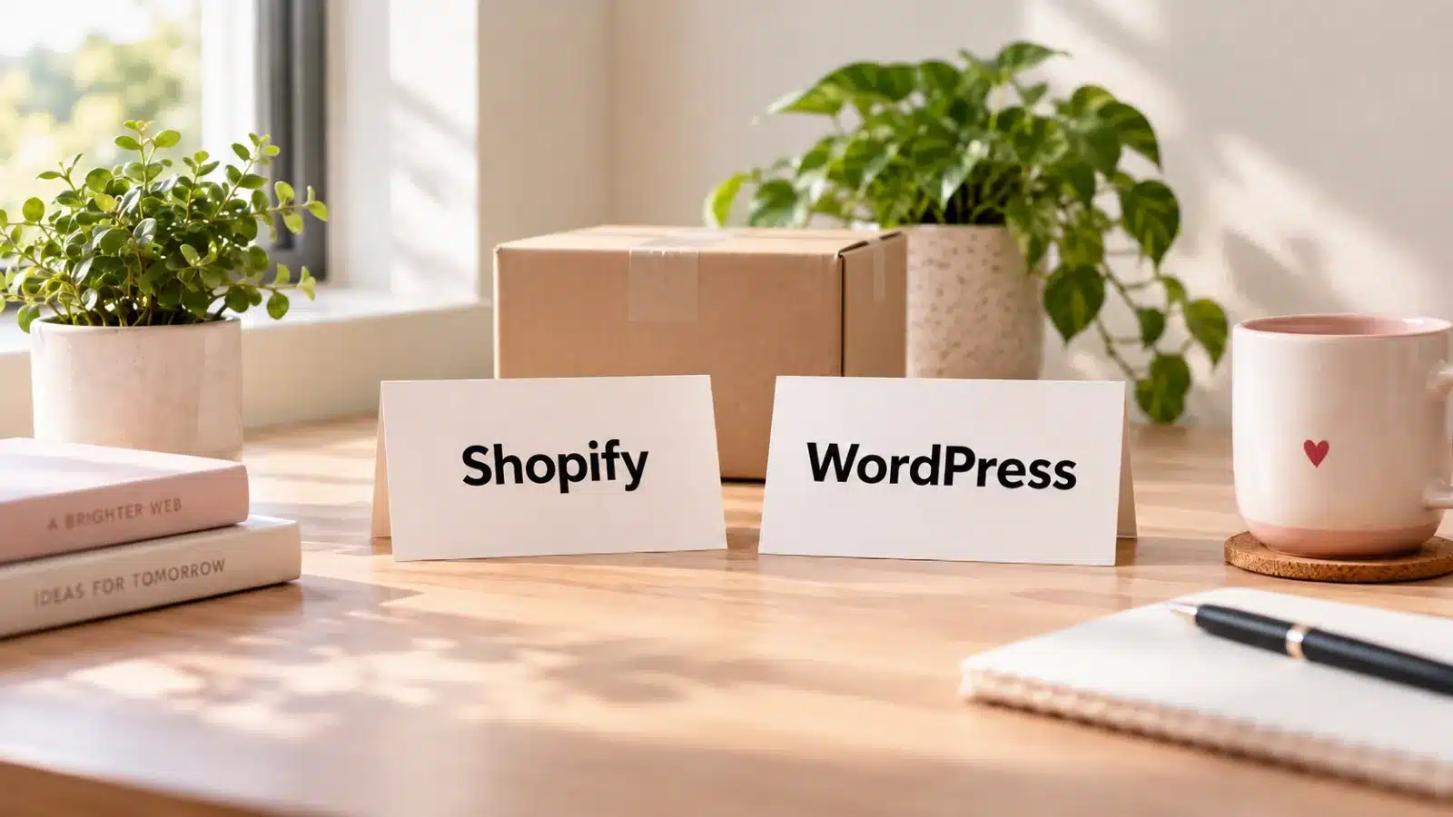 Desk cards reading Shopify and WordPress in front of a parcel box