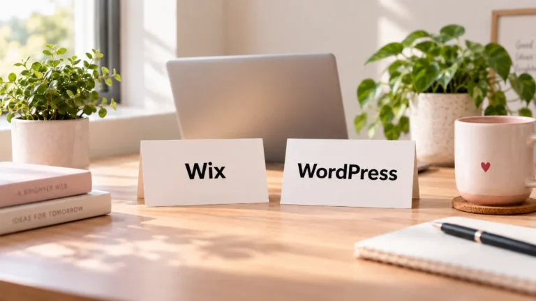 Desk cards reading Wix and WordPress with a laptop behind them