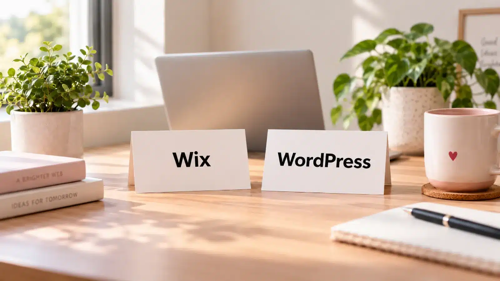 Desk cards reading Wix and WordPress with a laptop behind them
