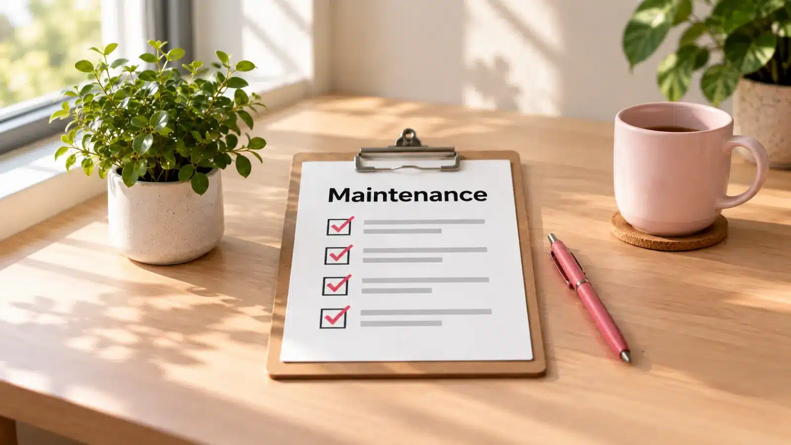 Clipboard with a ticked Maintenance checklist and a pink pen