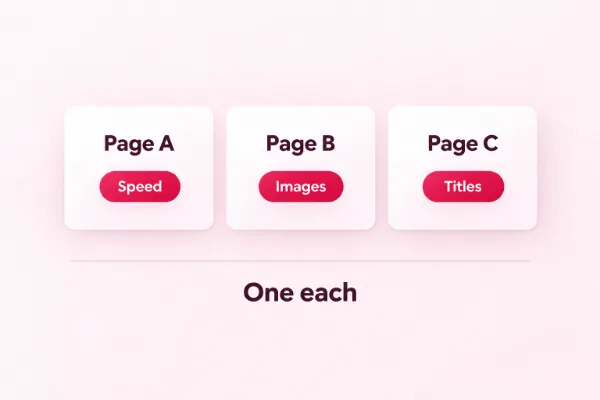 Three page cards each with a different keyword chip, one keyword for each page of a WordPress site