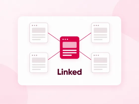 Five page shapes joined by pink lines to one central page, showing internal links between WordPress pages