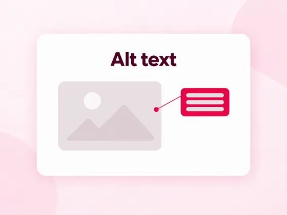 A placeholder image with a pink tag and text lines beside it, describing images with alt text for SEO