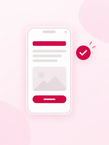 A simple page inside a phone frame with a tick badge, checking a WordPress site is easy to read on a phone