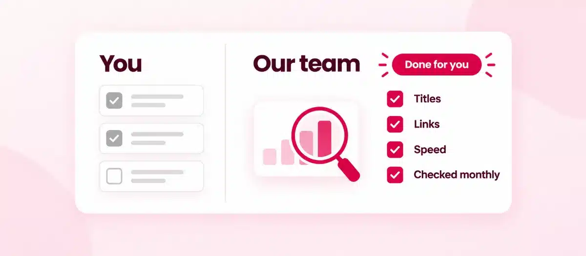 A two-side card comparing doing WordPress SEO yourself with our team checking titles, links and speed monthly