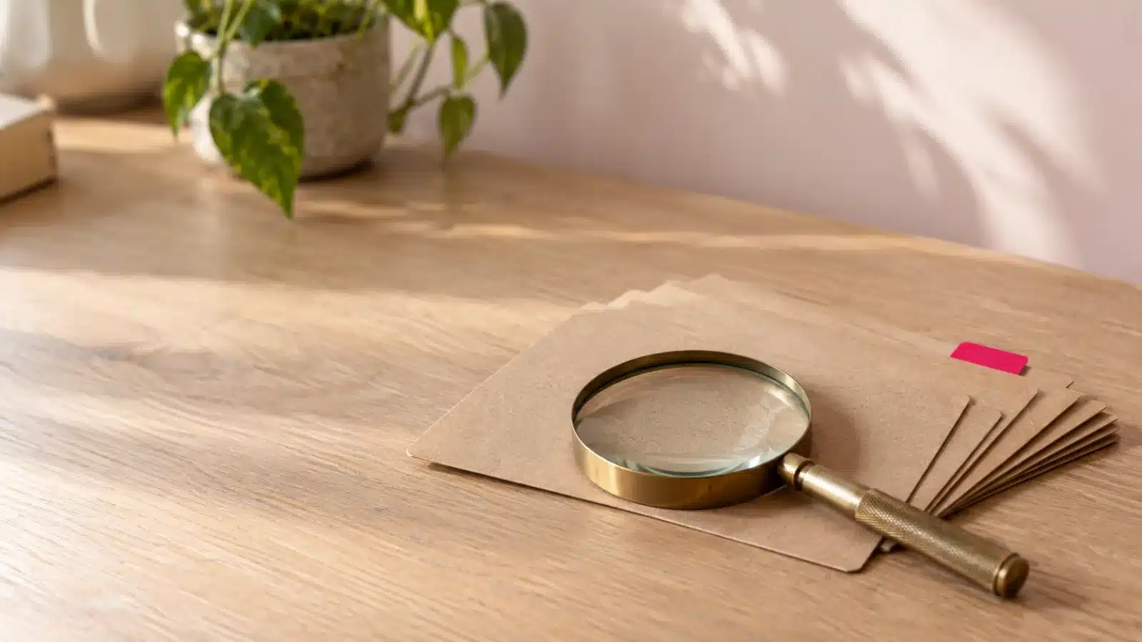 A brass magnifying glass on a fanned stack of kraft cards, searching and filing pages for WordPress SEO