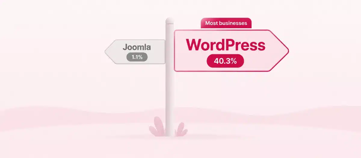 Wooden signpost with two blank arrows, the Joomla or WordPress decision on an oak desk