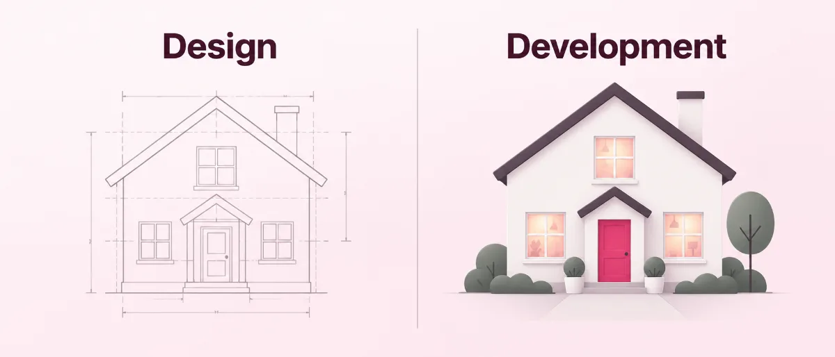 A house blueprint beside the finished house with a lit pink door, showing web design and web development