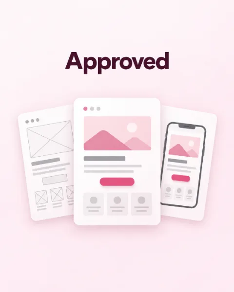 A fanned stack of approved page mockups in wireframe, colour and phone, what the web design half hands over