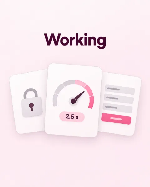 Cards showing a padlock, a 2.5 second speed dial and a working form, what the build half hands over